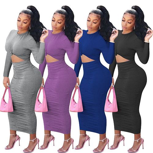 Solid Pleated Long Sleeve Hollow Out Bodycon Dress