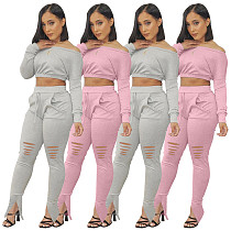 Long Sleeve Solid Crop Top Lace Up Hole Pants Set