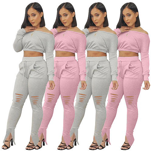 Long Sleeve Solid Crop Top Lace Up Hole Pants Set