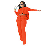 Solid Long Sleeve Ruffle Hem Shirts Straight Pants Set