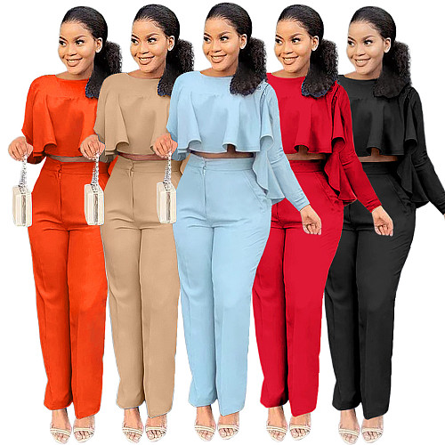 Solid Long Sleeve Ruffle Hem Shirts Straight Pants Set