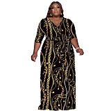 Print Three Quarter Sleeve V-neck Bandage Sashes Dress