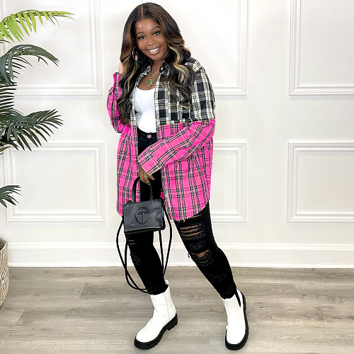 Plaid Patchwork Button Up Long Sleeve Blouses Shirts