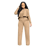 Solid Long Sleeve Ruffle Hem Shirts Straight Pants Set