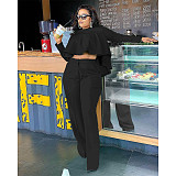 Solid Long Sleeve Ruffle Hem Shirts Straight Pants Set