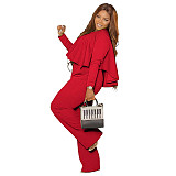 Solid Long Sleeve Ruffle Hem Shirts Straight Pants Set