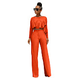 Solid Long Sleeve Ruffle Hem Shirts Straight Pants Set