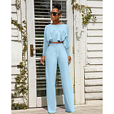 Solid Long Sleeve Ruffle Hem Shirts Straight Pants Set