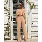 Solid Long Sleeve Ruffle Hem Shirts Straight Pants Set