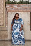 Print Three Quarter Sleeve V-neck Bandage Sashes Dress