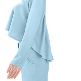 Solid Long Sleeve Ruffle Hem Shirts Straight Pants Set