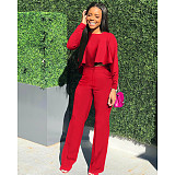 Solid Long Sleeve Ruffle Hem Shirts Straight Pants Set