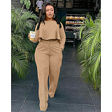 Solid Long Sleeve Ruffle Hem Shirts Straight Pants Set