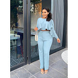 Solid Long Sleeve Ruffle Hem Shirts Straight Pants Set