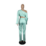 Solid Color Asymmetrical Long Sleeve Crop Top Pants Set