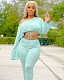 Solid Color Asymmetrical Long Sleeve Crop Top Pants Set