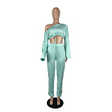 Solid Color Asymmetrical Long Sleeve Crop Top Pants Set