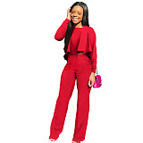 Solid Long Sleeve Ruffle Hem Shirts Straight Pants Set
