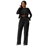 Solid Long Sleeve Ruffle Hem Shirts Straight Pants Set