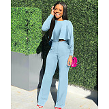 Solid Long Sleeve Ruffle Hem Shirts Straight Pants Set