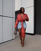 Long Sleeve Deep V Neck Pleated Lace Up Shirt Top
