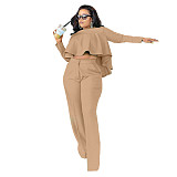 Solid Long Sleeve Ruffle Hem Shirts Straight Pants Set