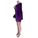 Velvet Deep V-Neck Ruffle Flared Sleeve Sheath Dress
