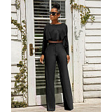 Solid Long Sleeve Ruffle Hem Shirts Straight Pants Set