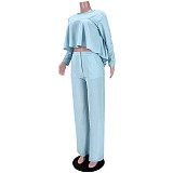 Solid Long Sleeve Ruffle Hem Shirts Straight Pants Set