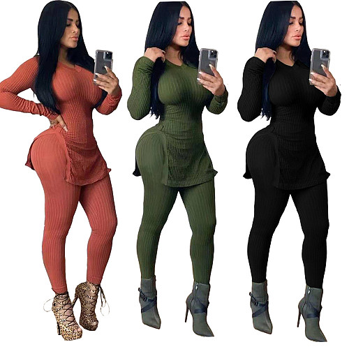 Solid Color Knitted Slit Blouse Pencil Pants Suit