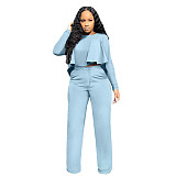 Solid Long Sleeve Ruffle Hem Shirts Straight Pants Set