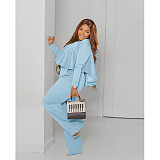 Solid Long Sleeve Ruffle Hem Shirts Straight Pants Set