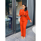 Solid Long Sleeve Ruffle Hem Shirts Straight Pants Set