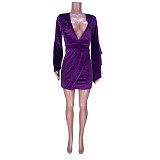Velvet Deep V-Neck Ruffle Flared Sleeve Sheath Dress