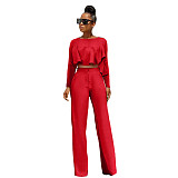 Solid Long Sleeve Ruffle Hem Shirts Straight Pants Set