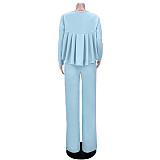 Solid Long Sleeve Ruffle Hem Shirts Straight Pants Set
