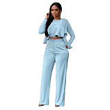 Solid Long Sleeve Ruffle Hem Shirts Straight Pants Set