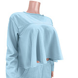 Solid Long Sleeve Ruffle Hem Shirts Straight Pants Set