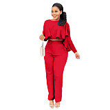 Solid Long Sleeve Ruffle Hem Shirts Straight Pants Set