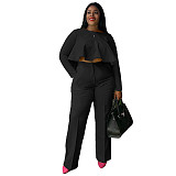 Solid Long Sleeve Ruffle Hem Shirts Straight Pants Set