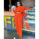 Solid Long Sleeve Ruffle Hem Shirts Straight Pants Set