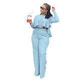 Solid Long Sleeve Ruffle Hem Shirts Straight Pants Set
