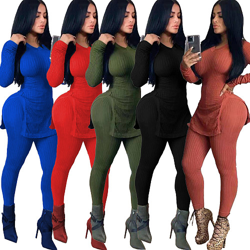 Solid Color Knitted Slit Blouse Pencil Pants Suit