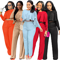 Solid Long Sleeve Ruffle Hem Shirts Straight Pants Set