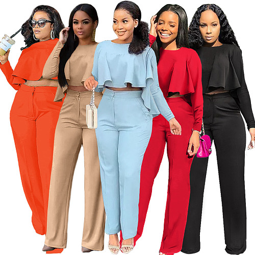 Solid Long Sleeve Ruffle Hem Shirts Straight Pants Set