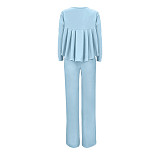 Solid Long Sleeve Ruffle Hem Shirts Straight Pants Set