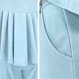 Solid Long Sleeve Ruffle Hem Shirts Straight Pants Set