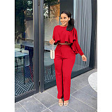 Solid Long Sleeve Ruffle Hem Shirts Straight Pants Set