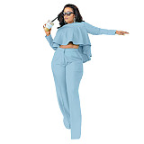 Solid Long Sleeve Ruffle Hem Shirts Straight Pants Set