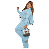 Solid Long Sleeve Ruffle Hem Shirts Straight Pants Set